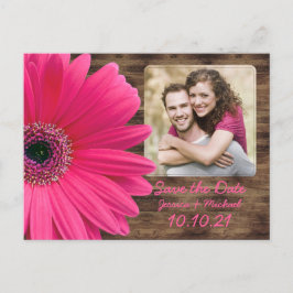 Rustic Rosa Daisy Wood Photo Bröllop spara datum Meddelande Vykort