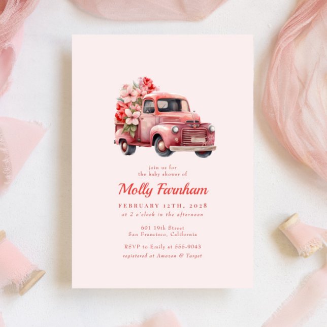 Rustic Rosa Farm Lastbil Blommigt Girl Baby Shower Inbjudningar (Skapare uppladdad)