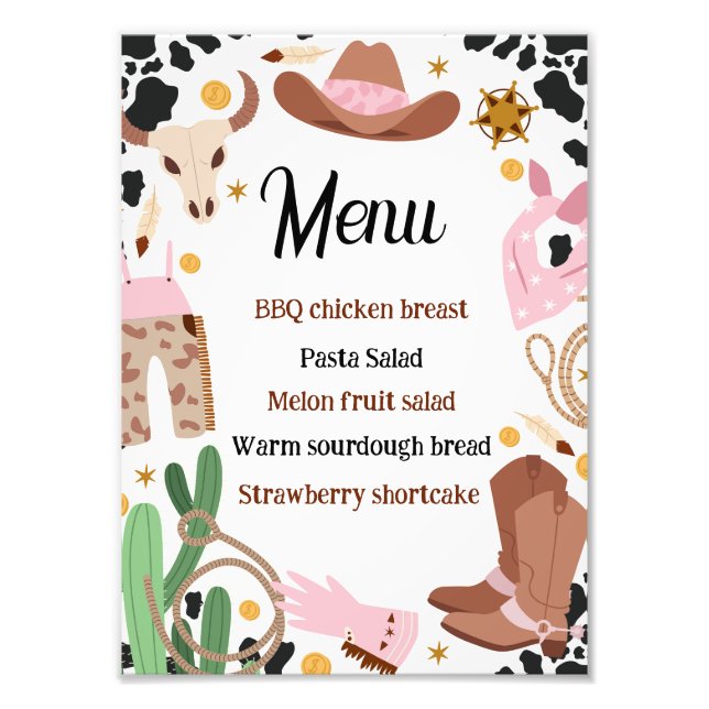 Rustic Rosa First Rodeo Birthday Food Menu-tecken Fototryck (Framsidan)