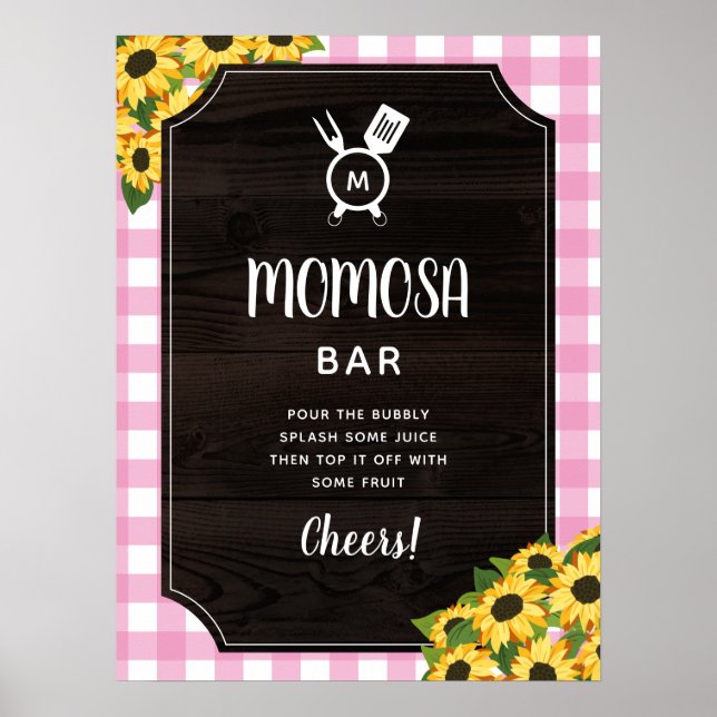 Rustic Rosa Gingham Sunblommor Monogram Momosa Pub Poster (Framsidan)