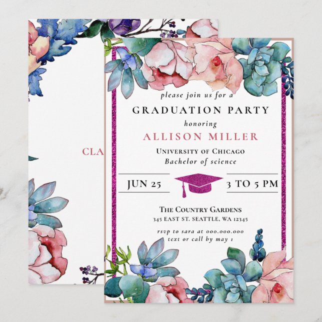 Rustic Rosa Glitter Blommigt Botaniska Studenten Inbjudningar (Fram/baksida)