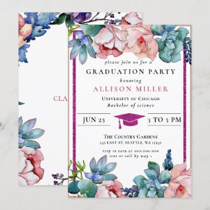 Rustic Rosa Glitter Blommigt Botaniska Studenten Inbjudningar