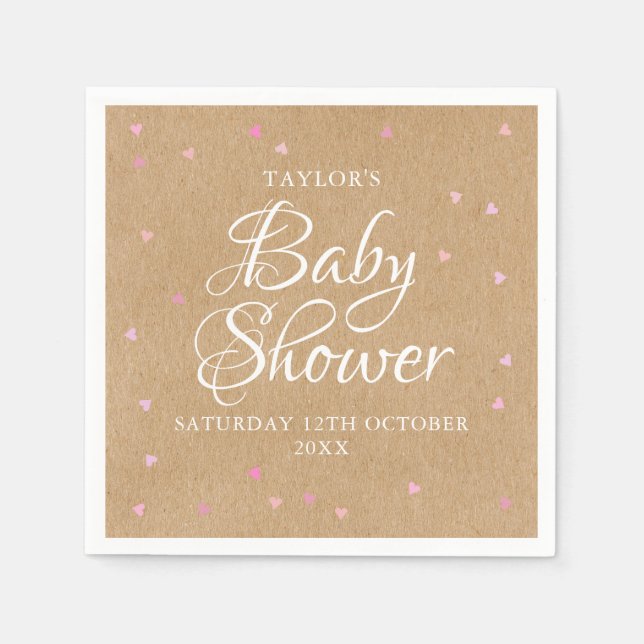 Rustic rosa-hjärtan - babydusch pappersservett (Framsidan)