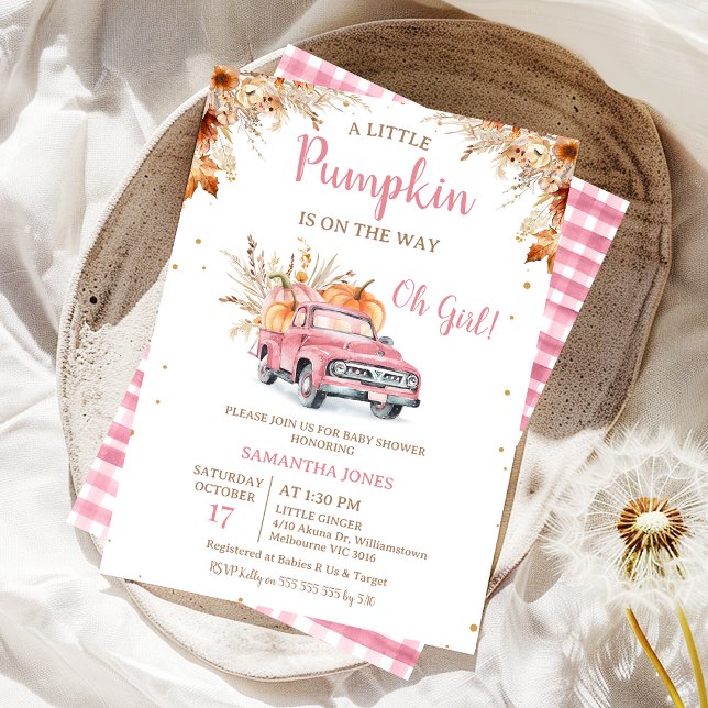 Rustic Rosa Lastbil Little Pumpkin Baby Shower Inbjudningar (Editable Pink Pumpkin Truck Baby Shower Invitation Girl, Fall Little Pumpkin Baby Shower Invite,  )