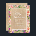 Rustic Rosa Lila Blommigt Kraft 50:e födelsedagen Inbjudningar<br><div class="desc">Rosa och lila botaniska blommigtar med vattenfärg i boho-stil på den pappra konstruktionen för brunkol Femtio och Fabulous/femtionde födelsedagsfest inbjudan.</div>