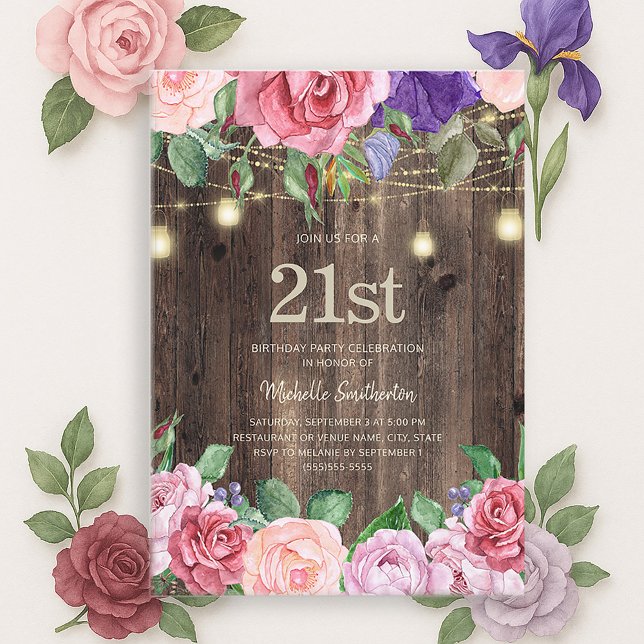 Rustic Rosa Lila blommor String Ljus 21:a Inbjudningar (Pink and purple watercolor floral and string lights on rustic wood 21st birthday party invitation)