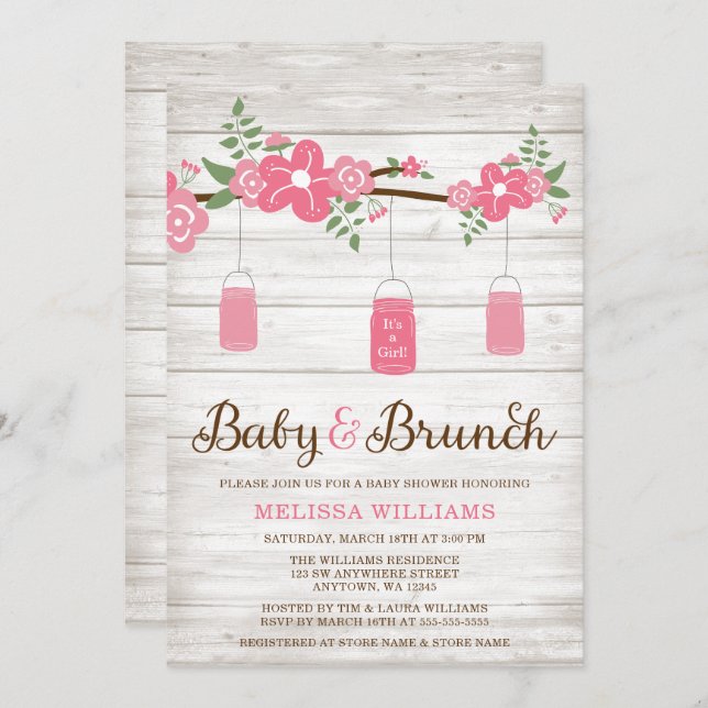 Rustic Rosa Mason Burk Girl Brunch Baby Shower Inbjudningar (Fram/baksida)