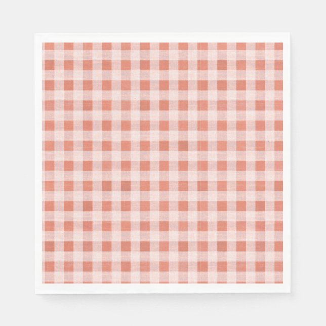 Rustic Rosa Peach Gingham Mönster Pappra Napkins Pappersservett (Framsidan)