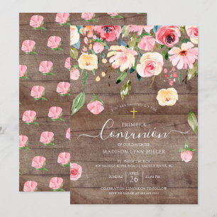 Rustic Rosa Peonies Blommigt Spanska första kommis Inbjudningar