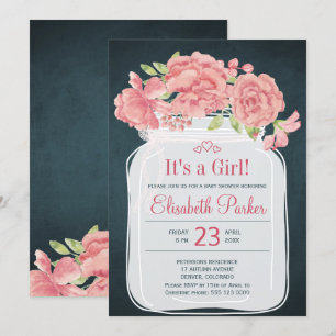 Rustic rosa peony Mason burk navy Girl Baby dusch Inbjudningar