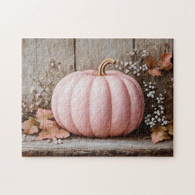 Rustic Rosa Pumpkin Höst löv Pussel (Horisontell)