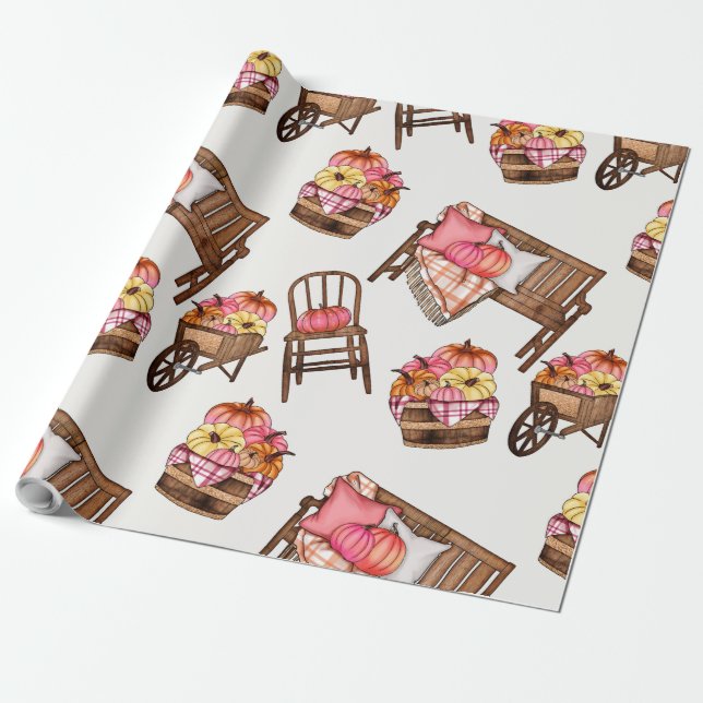 Rustic Rosa Pumpkin Mönster Presentpapper (Utrullad)