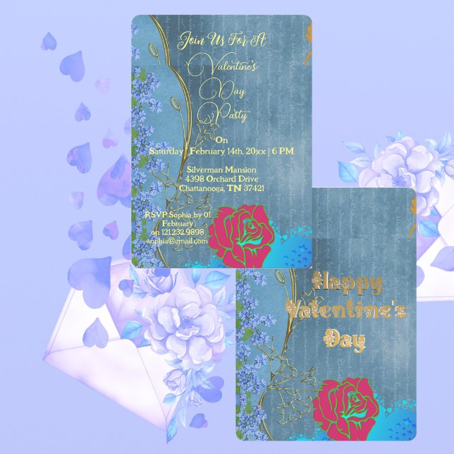 Rustic Rosa ros Alla hjärtans dag Party Blue Blomm Inbjudningar (Rustic Pink Rose Valentine's Day Party Blue Floral Invitation)