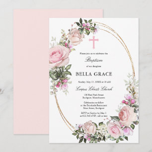 Rustic Rosa ros Blommigt Baptism Inbjudningar