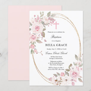 Rustic Rosa ros Blommigt Baptism Inbjudningar