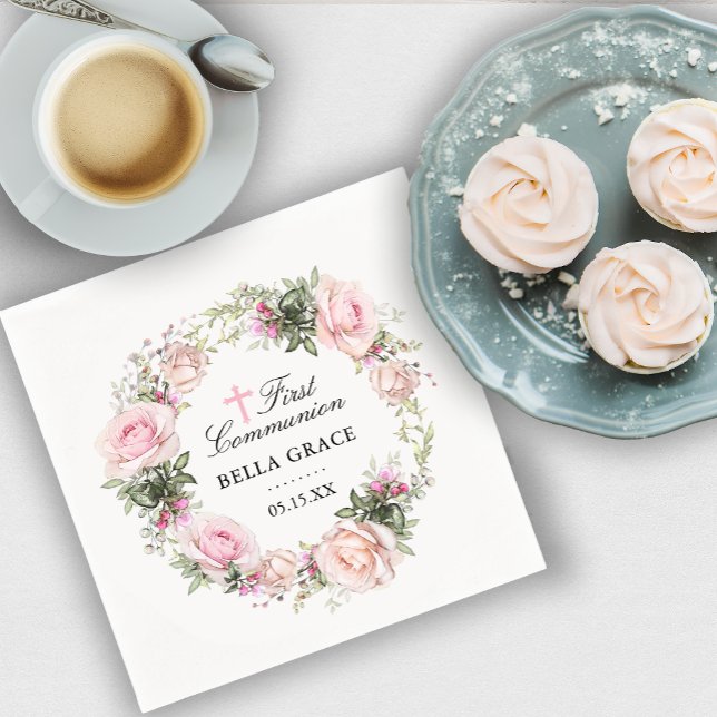 Rustic Rosa ros Blommigt First Communion Pappersservett (Skapare uppladdad)