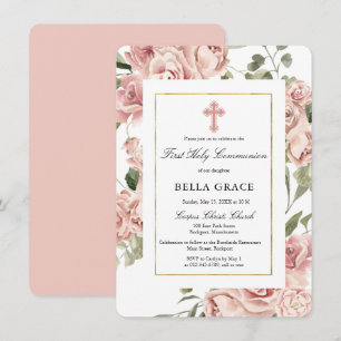 Rustic Rosa ros Blommigt First Heliga Communion In Inbjudningar