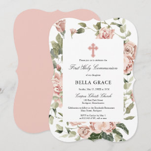 Rustic Rosa ros Blommigt First Heliga Communion In Inbjudningar