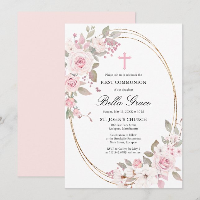 Rustic Rosa ros Blommigt First Heliga Communion In Inbjudningar (Fram/baksida)
