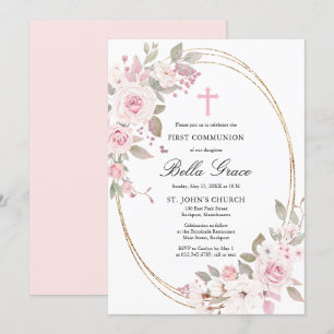 Rustic Rosa ros Blommigt First Heliga Communion In Inbjudningar