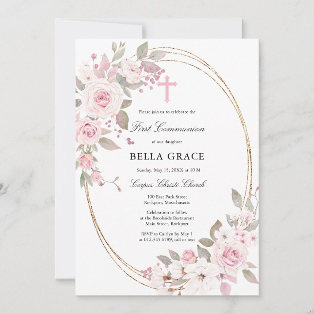 Rustic Rosa ros Blommigt First Heliga Communion Inbjudningar (Framsida)