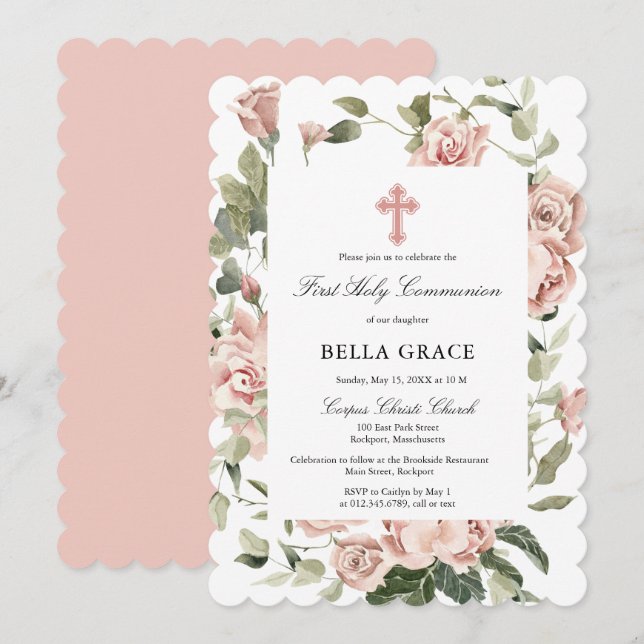 Rustic Rosa ros Blommigt First Heliga Communion Inbjudningar (Fram/baksida)