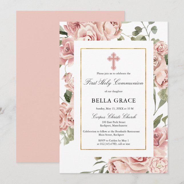 Rustic Rosa ros Blommigt First Heliga Communion Inbjudningar (Fram/baksida)