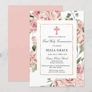Rustic Rosa ros Blommigt First Heliga Communion Inbjudningar