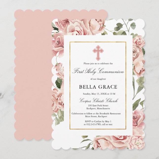 Rustic Rosa ros Blommigt First Heliga Communion Inbjudningar (Fram/baksida)