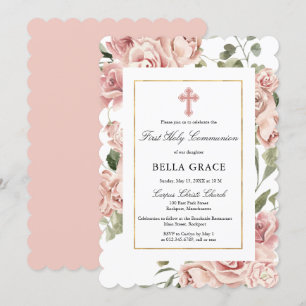 Rustic Rosa ros Blommigt First Heliga Communion Inbjudningar