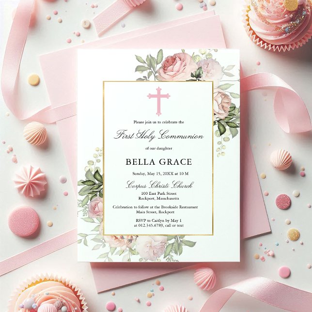 Rustic Rosa ros Blommigt First Heliga Communion Inbjudningar (Skapare uppladdad)