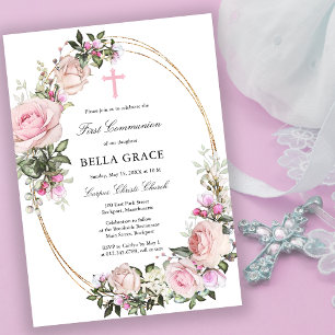 Rustic Rosa ros Blommigt First Heliga Communion Inbjudningar