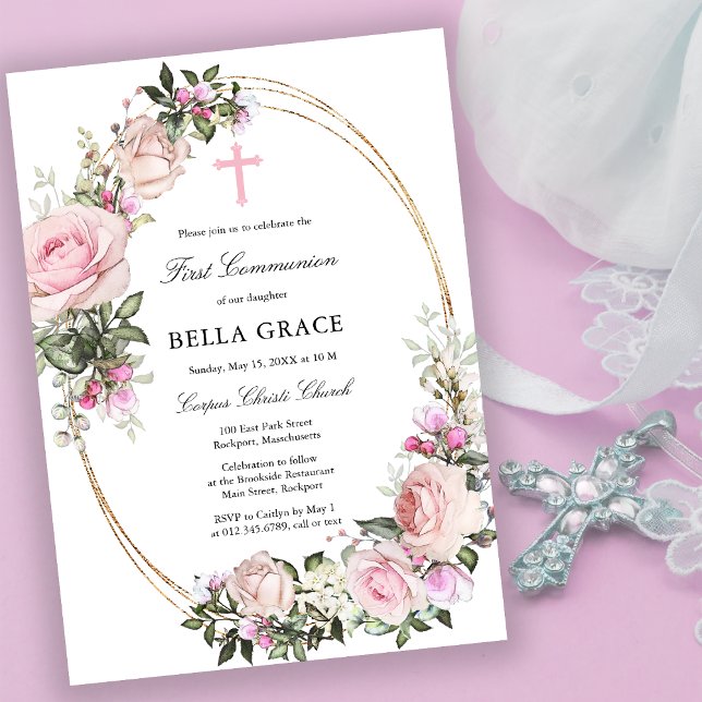 Rustic Rosa ros Blommigt First Heliga Communion Inbjudningar (Skapare uppladdad)