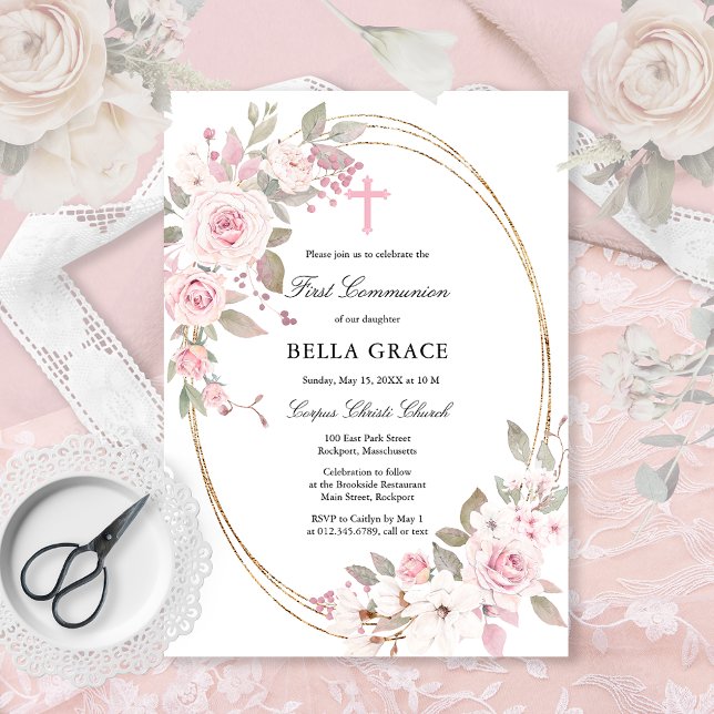 Rustic Rosa ros Blommigt First Heliga Communion Inbjudningar (Skapare uppladdad)
