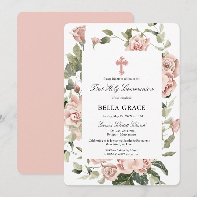 Rustic Rosa ros Blommigt First Heliga Communion Inbjudningar (Fram/baksida)