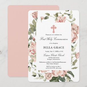 Rustic Rosa ros Blommigt First Heliga Communion Inbjudningar