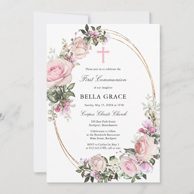 Rustic Rosa ros Blommigt First Heliga Communion Inbjudningar (Framsida)