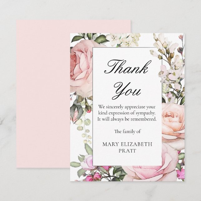 Rustic Rosa ros Blommigt Funeral Tack Kort (Fram/baksida)