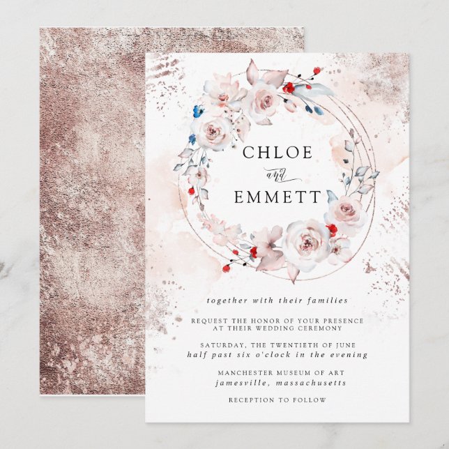 Rustic Rosa ros Blommigt och Guld Bröllop Inbjudningar (Fram/baksida)