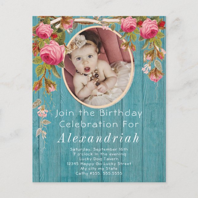 Rustic Rosa ros Blue Barn Wood Birthday (Framsida)