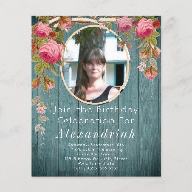 Rustic Rosa ros Blue Grönt Barn Wood Birthday (Framsida)