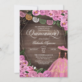 Rustic Rosa ros Charro Quince Dress Quinceañera Inbjudningar