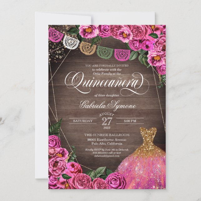 Rustic Rosa ros Glitter Gown Fiesta Quinceañer Inbjudningar (Framsida)