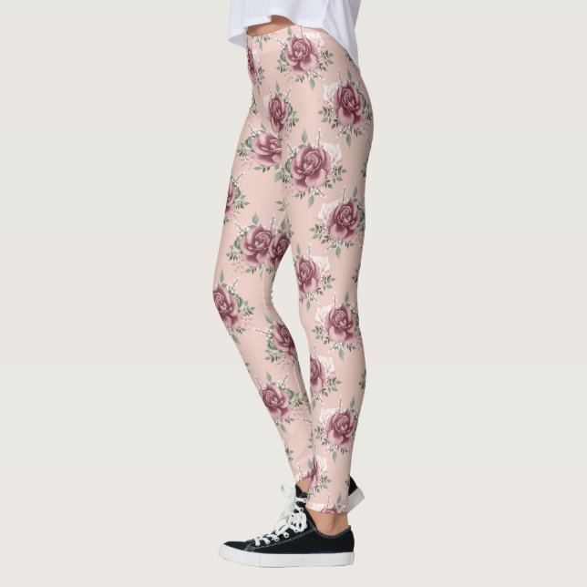 Rustic rosa ros guld grönt bohemian blommigt leggings (Vänster)