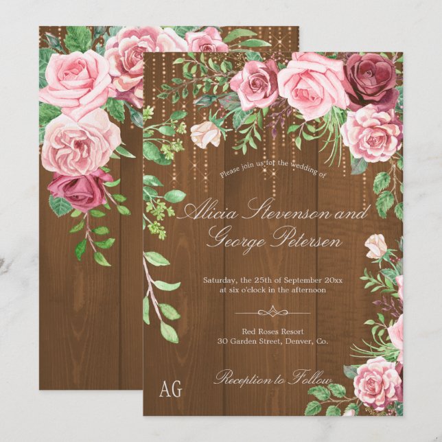Rustic Rosa ros Monogram Barn Wood Bröllop Inbjudningar (Fram/baksida)