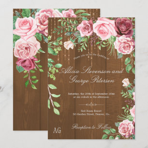 Rustic Rosa ros Monogram Barn Wood Bröllop Inbjudningar