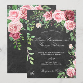 Rustic Rosa ros Monogram Chalkboard Bröllop Inbjudningar
