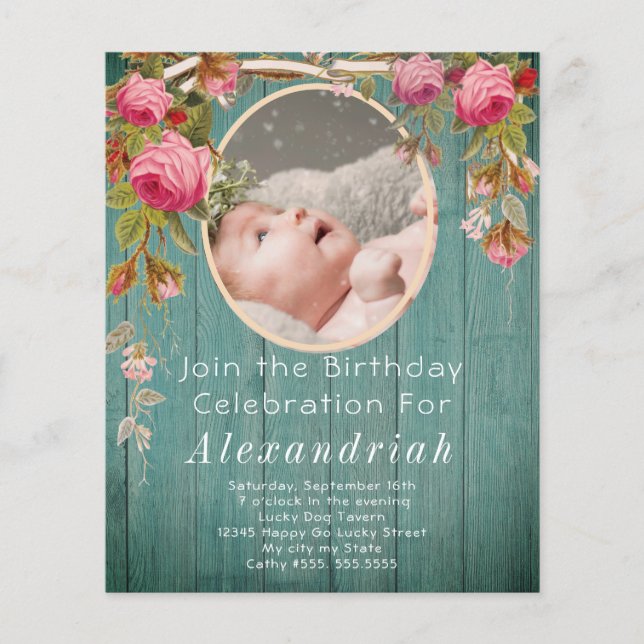 Rustic Rosa ros Teal Blue Barn Wood Birthday (Framsida)