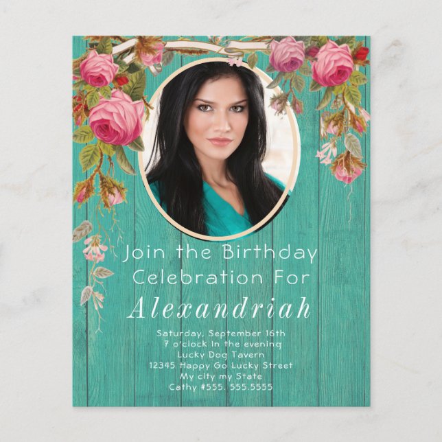 Rustic Rosa ros Teal Blue Barn Wood Birthday (Framsida)