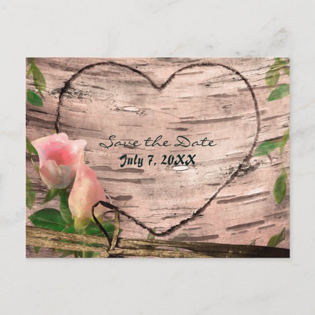 Rustic Rosa ros & Vines Birch Save Date Card Meddelande Vykort (Framsida)